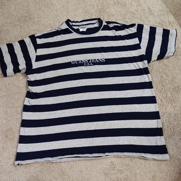 Vintage Guess Shirt XL Blue Gray Striped Embroidered Spellout ASAP - Picture 1 of 8